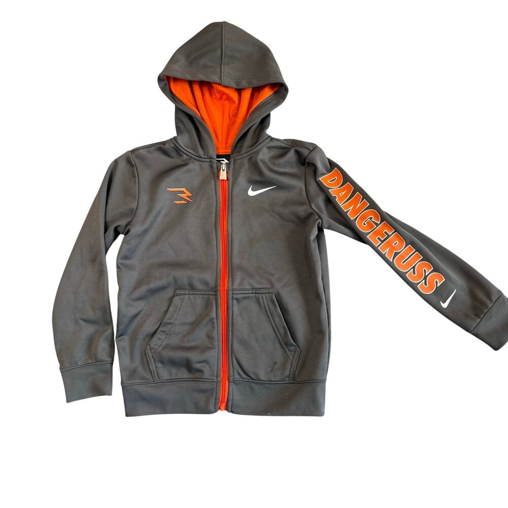 Nike 3Brand Russell Wilson Dangeruss Boys Gray Orange Full Zip Hoodie - L (6-7)